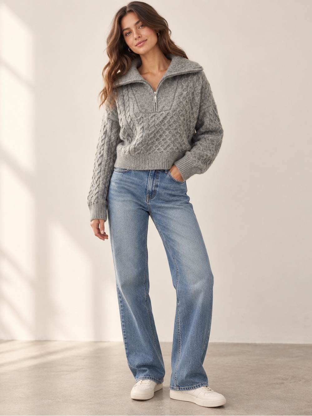 Abercrombie & Fitch Cable Knit Half Zip Sweater Gray XXS Oversized